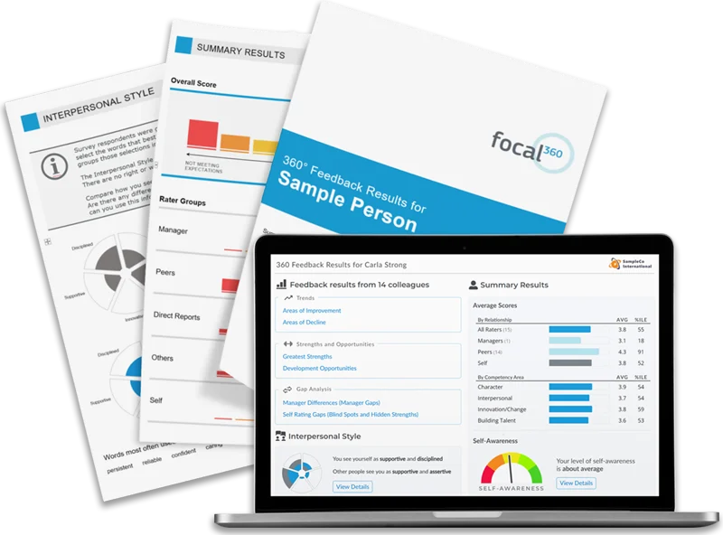 Examples of a 360 degree feedback report on a screen and on paper