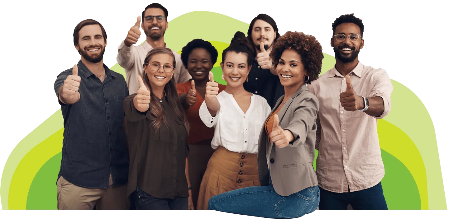 8 young workers of diverse colors and genders give thumbs up.